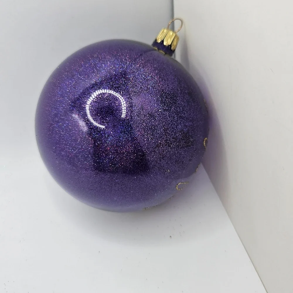 Vintage Hand Painted Glass Christmas Ornament Purple Butterfly Floral Glitter 4